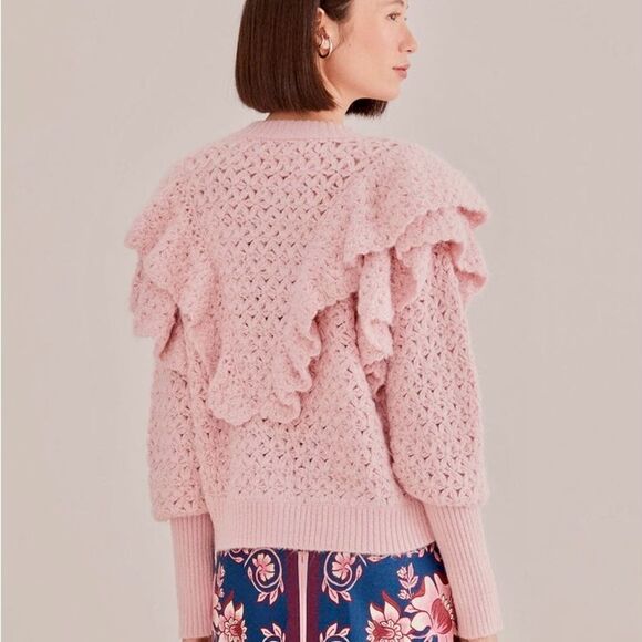 NEW FARM Rio Pink Flower Texture Knit Cardigan Sweater Button Ruffle Size L - Picture 4 of 16